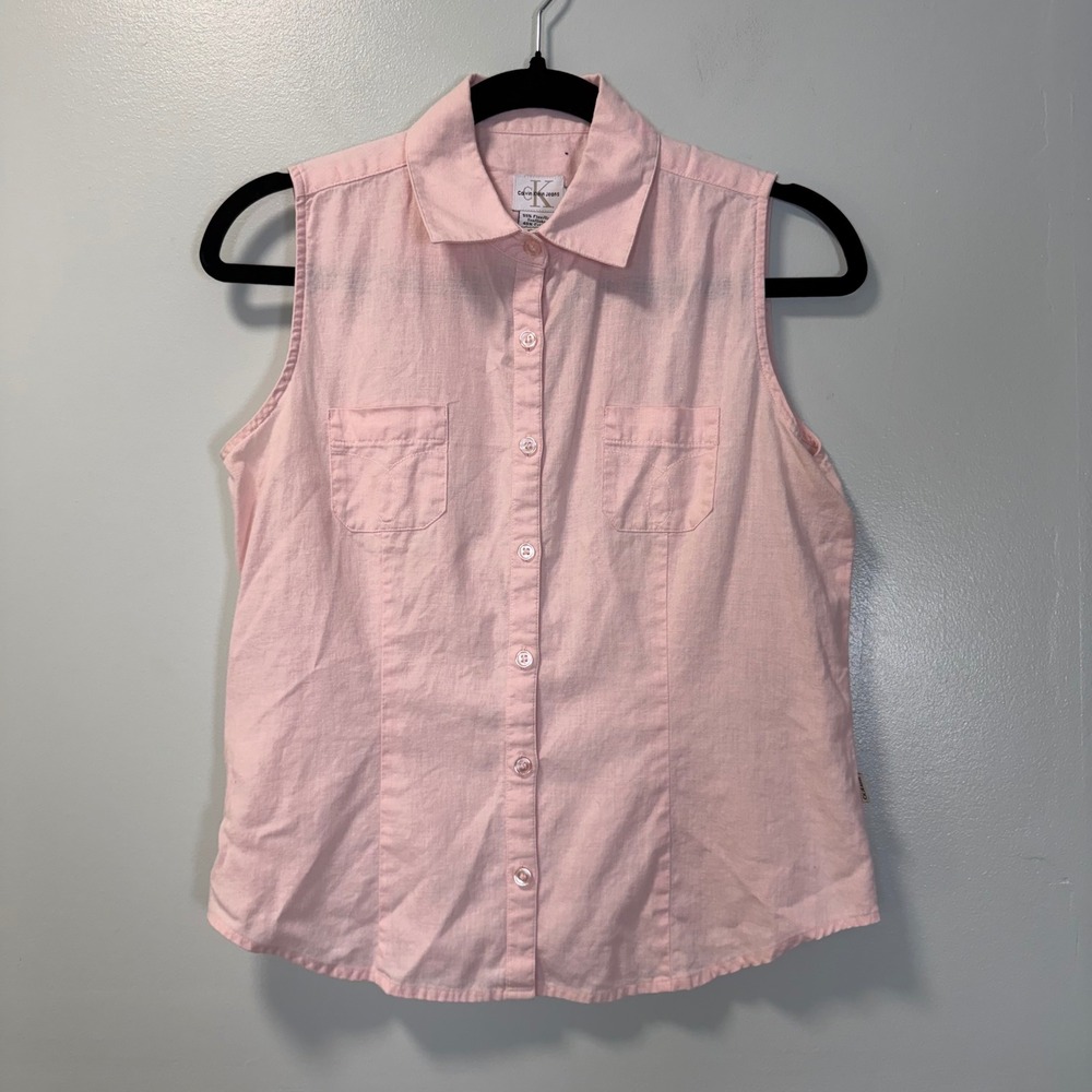 Calvin Klein‎ Jeans Pink Linen Blend Sleeveless Button Down Shirt Small RN 36009